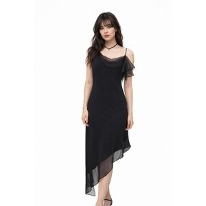 VTG Y2K Fairy Grunge Whimsigoth Black Mesh Asymmetrical Midi Dress 14 Ethereal